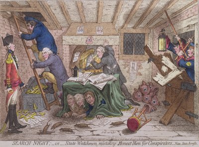 Search Night, or The State Watchmen Mistaking Honest-men for Conspirators, udgivet af Hannah Humphrey i 1798 (håndfarvet radering) af James Gillray