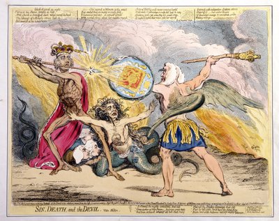 Synd, død og djævelen, udgivet af Hannah Humphrey i 1792 (håndkoloreret radering) af James Gillray