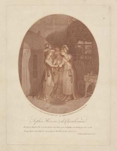 Sophia, Honour, and the Chambermaid, scene fra Tom Jones af Henry Fielding (1707-54) (stipple gravering) af James Gillray