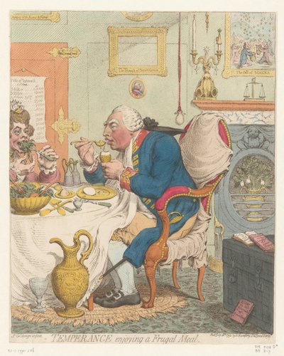 Spotprent op George III, 1792 Afholdenhed, der nyder et sparsomt måltid (titel på objektet) af James Gillray