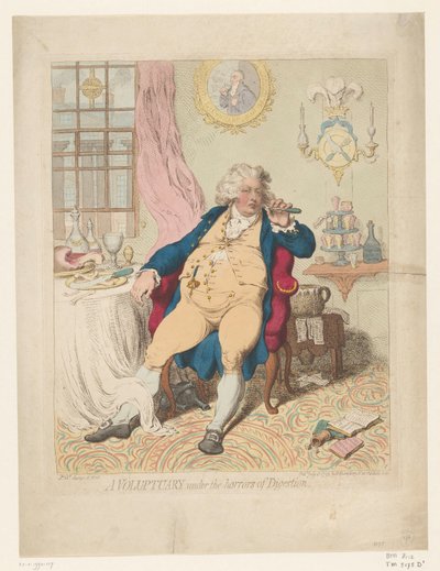 Spotprent op George IV, 1792 En voluptuary under fordøjelsens rædsler (titel på objekt) af James Gillray