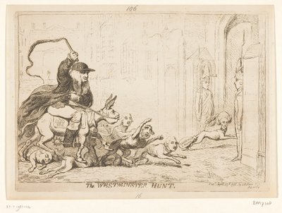 Tegnefilm om Warren Hastings, 1788 The Westminster Hunt (titel på objekt) af James Gillray