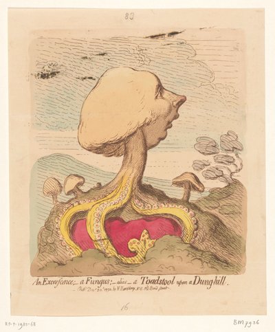 Karikatur af William Pitt den Yngre, 1791 En Udbredelse; - en svamp; -alias- en paddehat på en møgbakke af James Gillray