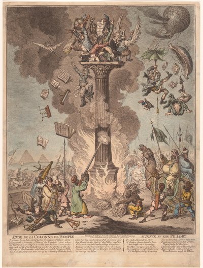 Tegneserie af den franske ekspedition til Egypten, 1799 Siege de la Colonne de Pompee / Science in the pillory (titel på objekt) af James Gillray