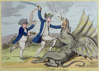 St. George and the Dragon, udgivet af Hannah Humphrey i 1782 (håndfarvet radering) af James Gillray