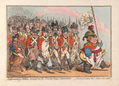 Supplerende milits, dukker op til Twenty Days Amusement, pub. 1796 (håndfarvet gravering) af James Gillray