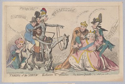 Taming of the Shrew: Katherine & Petruchio; The Modern Quixotte, eller hvad du vil, pub. 1791 (håndfarvet gravering) af James Gillray