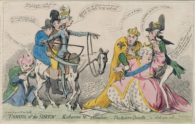 Taming of the Shrew: Katherine und Petruchio, eller The Modern Quixote, udgivet af S.W. Fores i 1791 (håndkoloreret radering) af James Gillray
