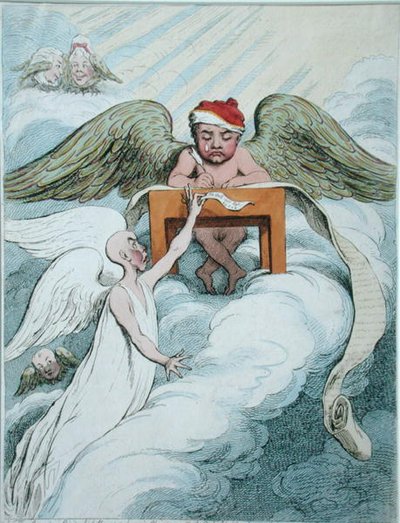 The Accusing Spirit and the Recording Angel, udgivet af Hannah Humphrey i 1791 (håndfarvet radering) af James Gillray