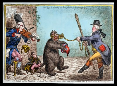 The Bear and his Leader, udgivet af Hannah Humphrey i 1806 (håndfarvet radering) af James Gillray