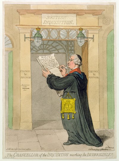 The Chancellor of the Inquisition markering the Incorrigibles, udgivet af Hannah Humphrey i 1793 (håndfarvet radering) af James Gillray