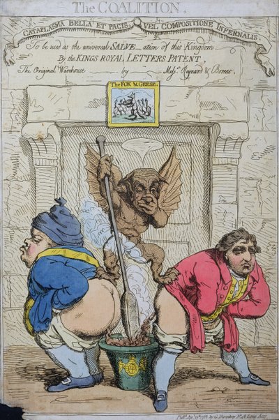 The Coalition, udgivet af G. Humphrey i 1783 (håndfarvet radering) af James Gillray
