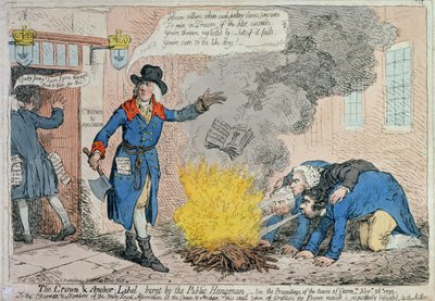 The Crown und Anchor Libel brændt af den offentlige bøddel, udgivet af Hannah Humphrey i 1795 (håndfarvet radering) af James Gillray