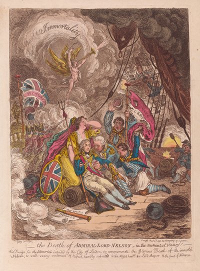 Admiral Lord Nelsons død, i sejrens øjeblik, pub. 1805 (håndfarvet gravering) af James Gillray
