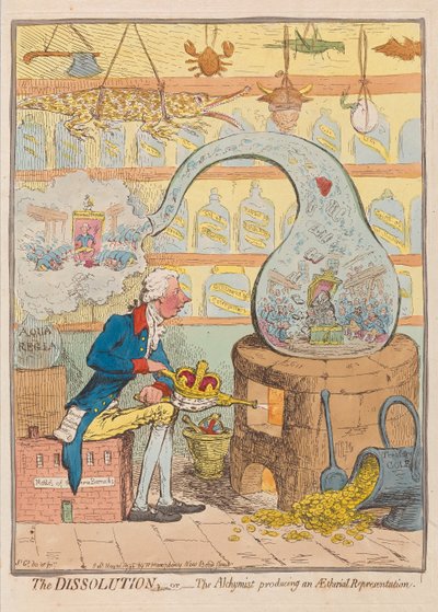 The Dissolution eller The Alchymist producerer en Aetherial Repræsentation, pub. 1796 (håndfarvet gravering) af James Gillray