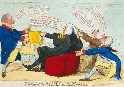 The Fall of the Wolsey of the Woolack, udgivet af Hannah Humphrey i 1792 (håndkoloreret radering) af James Gillray