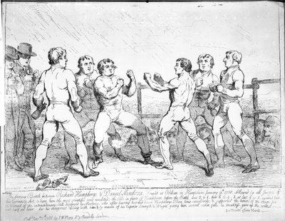 Det berømte slag mellem Richard Humphreys og Daniel Mendoza den 9. januar 1788 af James Gillray