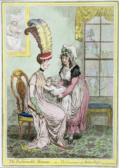 The Fashionable Mamma, eller The Convenience of Modern Dress, udgivet i 1796 (farvet indgravering) af James Gillray