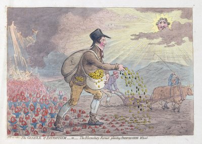 The Generae of Patriotism, eller The Bloomsbury Farmer, der planter Bedfordshire Wheat, pub. 1796 (håndfarvet gravering) af James Gillray