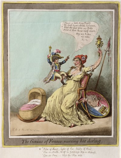 The Genius of France Nursing her Darling, udgivet af Hannah Humphrey i 1804 (håndkoloreret radering) af James Gillray