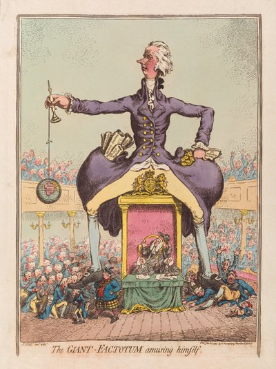The Giant Factotum underholder sig selv, pub. 1797 (håndfarvet gravering) af James Gillray