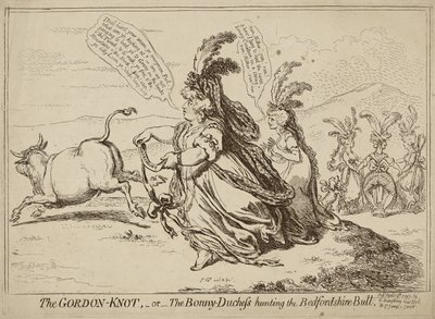 Gordon Knot eller The Bonny-Duchess Hunting the Bedfordshire Bull, offentliggjort 29. april 1797 (radering på vævet papir) af James Gillray