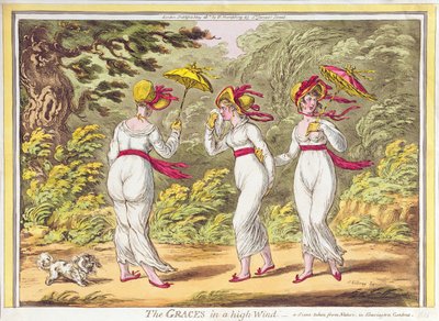 The Graces in a High Wind, en scene taget fra Nature in Kensington Gardens, pub. af Hannah Humphrey, 1810 af James Gillray