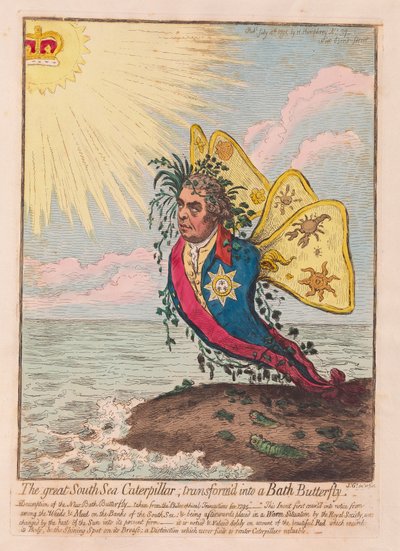 The Great South Sea Caterpillar, omdannet til en Bath Butterfly, pub. 1792 (håndfarvet gravering) af James Gillray
