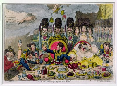 The Hand-Writing upon the Wall, udgivet af Hannah Humphrey i 1803 (håndfarvet radering) af James Gillray