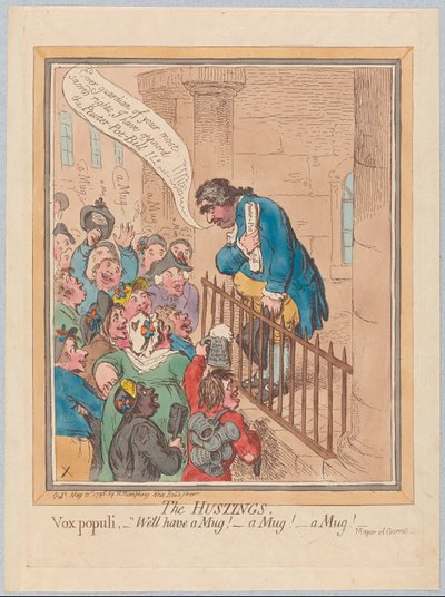 Hustingene. Vox Populi Godt have et krus! Et krus! Et krus!, pub. 1796 (håndfarvet gravering) af James Gillray