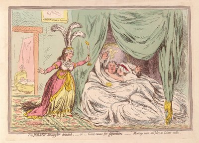 The Jersey Smuggler opdaget, eller god grund til separation, ægteskabsløfter er falske som Dicers eder, pub. 1796 (håndfarvet gravering) af James Gillray