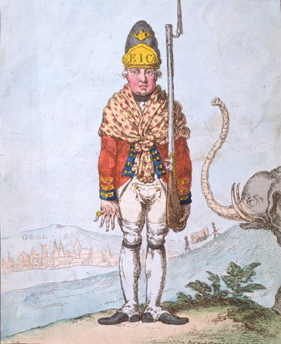 Leadenhall Volunteer, drest in his Shawl, udgivet af Hannah Humphrey i 1797 (håndkoloreret radering) af James Gillray