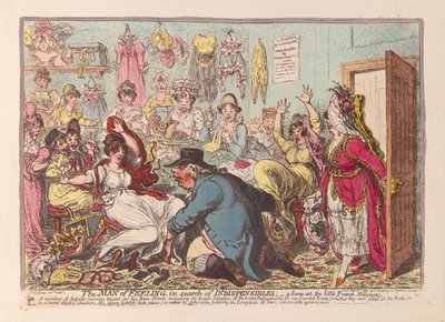 Følelsens mand på jagt efter uundværlige ting; en scene på den lille franske Milliners, pub. 1800 (håndfarvet gravering) af James Gillray