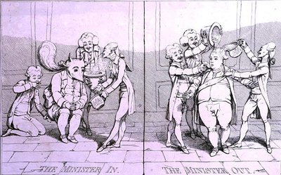 The Minister In - The Minister Out, udgivet af William Humphrey i 1782 (radering) af James Gillray