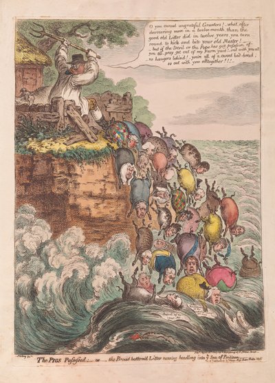 The Pigs Possessed: eller den bredbundede kuld, der løber hovedkulds ind i Fortabelsens Hav, pub. 1807 (håndfarvet gravering) af James Gillray