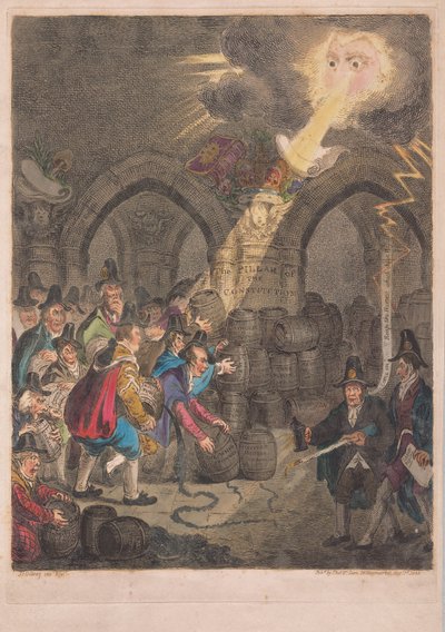 Grundlovens søjle, pub. 1835 (håndfarvet gravering) af James Gillray