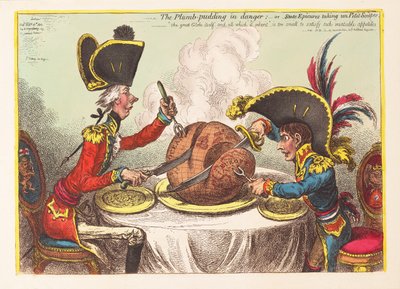 Blommebuddingen i fare eller statsepicurer, der tager en Petit Souper, pub. 1805 (håndfarvet gravering) af James Gillray
