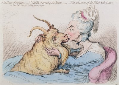 Skønhedens magt: St. Cecilia Charming the Brute, or The seduction of the Welch Ambassador, udgivet af Hannah Humphrey i 1792 (håndkoloreret radering) af James Gillray