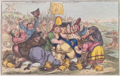 The Reception in Holland, udgivet af Hannah Humphrey i 1799 (håndfarvet radering) af James Gillray