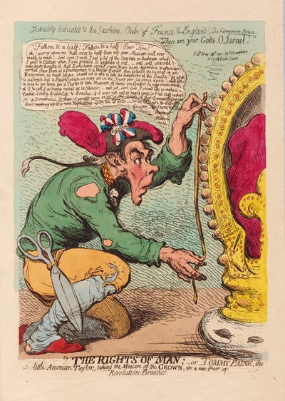 The Rights of Man, eller Tomm Paine, den lille amerikaner Taylor, der tager højde for kronen for et nyt par revolutions-ridebukser, pub. 1791 (håndfarvet gravering) af James Gillray