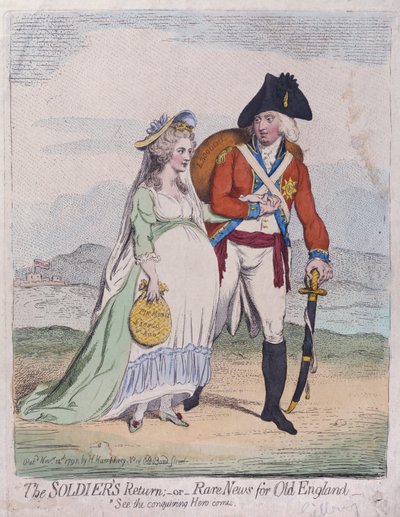 The Soldiers Return, eller Rare News for Old England, udgivet af Hannah Humphrey i 1791 (håndfarvet radering) af James Gillray