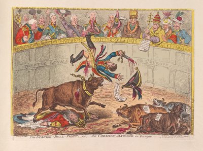 Den spanske tyrekamp eller den korsikanske Matador i fare, pub. 1805 (håndfarvet gravering) af James Gillray
