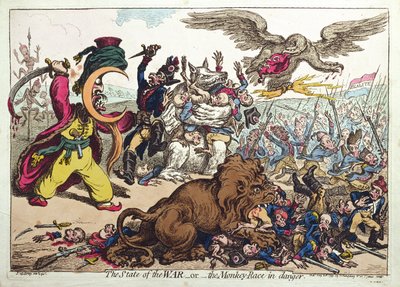 The State of War, or The Monkey Race in Danger, udgivet af Hannah Humphrey i 1799 (håndkoloreret radering) af James Gillray