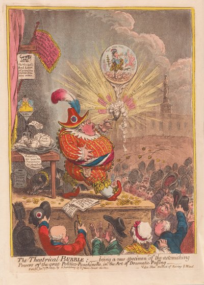Theatrical Bubble: at være et nyt eksemplar af den store Politico-Punchinellos forbløffende kræfter i kunsten at dramatisk pust, pub. 1805 (håndfarvet gravering) af James Gillray