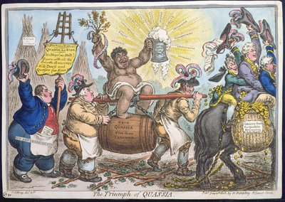 The Triumph of Quassia, udgivet af Hannah Humphrey i 1806 (håndfarvet radering) af James Gillray
