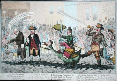 The Triumphal Procession of Little Paul the Taylor på hans nye gås, udgivet i 1806 (håndfarvet radering) af James Gillray