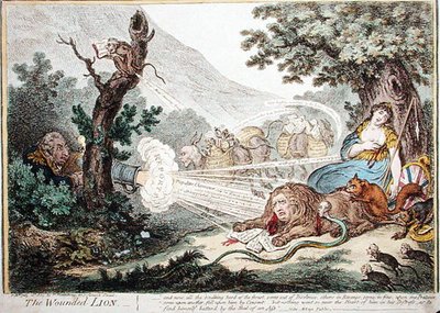 The Wounded Lion, udgivet af Hannah Humphrey i 1805 (håndfarvet radering) af James Gillray