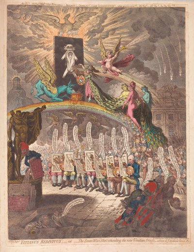 Titianus Redivivus eller de syv vise mænd, der konsulterer det nye venetianske orakel, en scene i Academic Grove No.1, pub. 1797 (håndfarvet gravering) af James Gillray