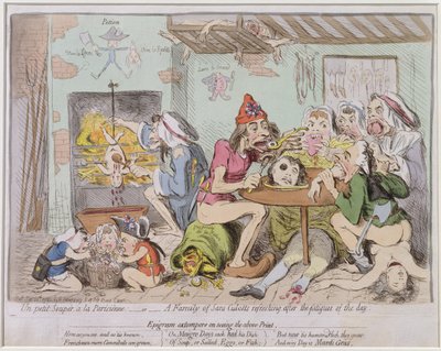 Un Petit Souper a la Parisienne, or A Family of Sans-Culottes Refreshing after the Fatigues of the Day, udgivet af Hannah Humphrey i 1792 (håndkoloreret radering) af James Gillray