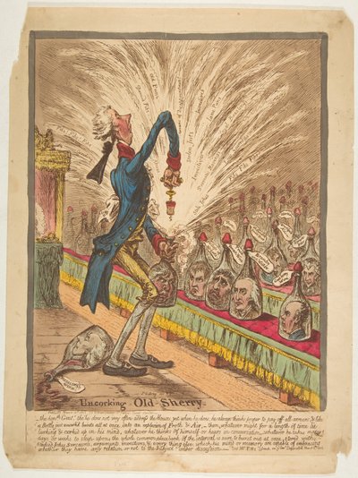 Afpropning af gammel Sherry, 10. marts 1805. af James Gillray